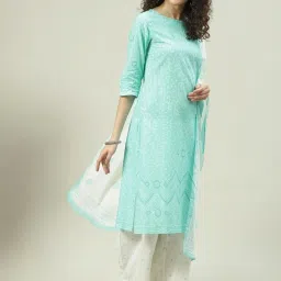 Biba Aqua Blue Woven Pattern Kurta and Pant with Dupatta image 4