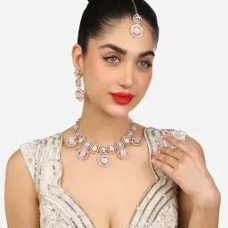 Zaveri Pearls Pink Stones Dazzling Austrian Diamonds Necklace Earring & Maangtikka Set-ZPFK17785-image-13