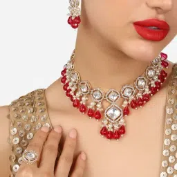 Zaveri Pearls Pink Bead Dazzling Stones Embellished Choker Necklace Earring & Ring Set-ZPFK17793-image-71