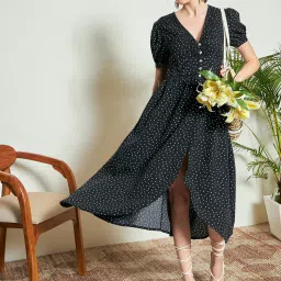 KASSUALLY Black & White Cotton Printed Midi Dress image 4