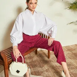 KASSUALLY Maroon & White Cotton Printed Regular Fit High Rise Trousers image 4