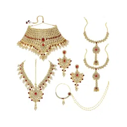 Peora Gold-Plated Kundan Bridal Choker Necklace Earrings Maangtikka Nathiya Hath Panja Jewellery Set image 4