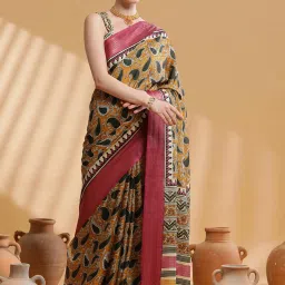 Saree Mall Mustard & Pink Printed Saree With Unstitched Blouse image 4