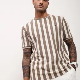 showoffff Showoff Olive & White Cotton Slim Fit Striped T-Shirt image 4