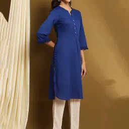 Biba Blue Cotton Blend Solid 3/4th Sleeve Kurta image 4