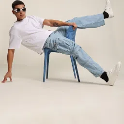 Bene Kleed Blue Cotton Loose fit Solid Cargo Jeans image 4