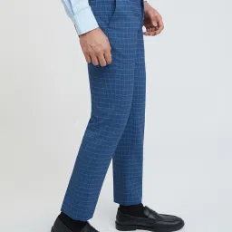 Park Avenue Blue Super Slim Fit Check Flat Front Trousers image 4
