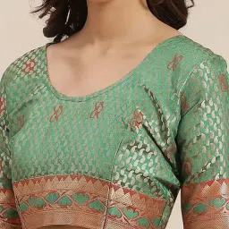 Blissta Coral & Green Woven Saree With Unstitched Blouse image 3