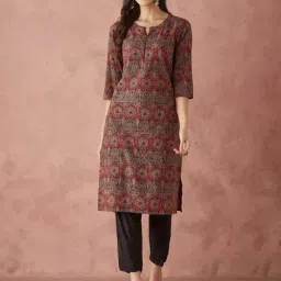 Fabindia Maroon Cotton Regular Fit Print Kurta-image-1