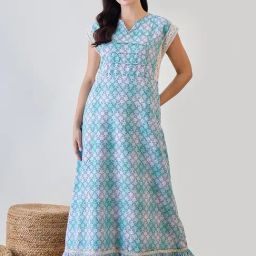 The Kaftan Company Blue Cotton Print Night Dress-picture-3