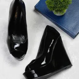 Flat N Heels Women's Black Peeptoe Wedges-picture-29