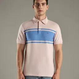 TOMMY HILFIGER Pink Striped Slim Fit Cotton Polo T-Shirt-picture-46