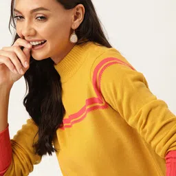 DressBerry Women Mustard Yellow & Pink Striped Sweater-picture-24