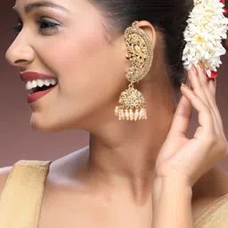 ADIVA 22K Gold-Plated Glossy Pearl & CZ Stone-Studded & Beads Peacock Shaped Ear Cuff Earrings-image-37