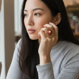 ANIKAS CREATION Gold-Plated Stone-Studded & Beaded Adjustable Floral Finger Ring image 4