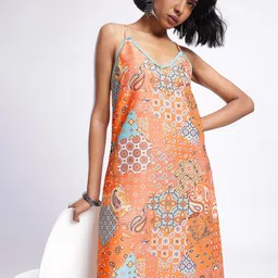 glitchez Paisley Printed Lace Detail A-Line Midi Dress With Tie-Up-image-33