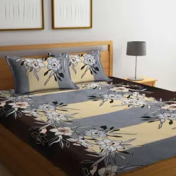 Klotthe Floral Grey & Yellow 300 TC Cotton Blend King Bed Sheet with 2 Pillow Covers-picture-13