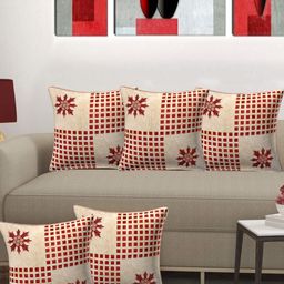 Creeva Cream-Coloured & Orange 5 Pieces Ethnic Motifs Velvet Square Cushion Covers-picture-7