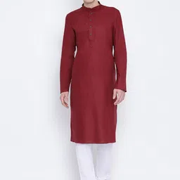 NAMASKAR Men Maroon Cotton Solid Kurta-image-91