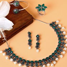 TEEJH Silver-Toned Green Artificial Beads & Stone-Studded Urmi Jewellery Set-picture-22