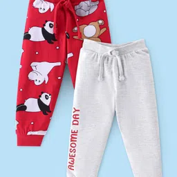 Babyhug Cotton Knit Full Length Lounge Pant With Panda & Hippo Print Pack Of 2 - Grey & Red-picture-16