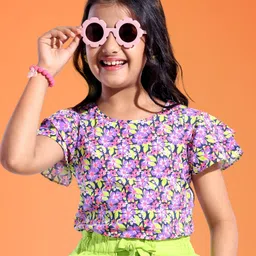 Pine Kids 100% Cotton Knit Half Sleeves T-Shirt Floral Print - Blue-picture-28