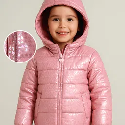Babyhug Woven Full Sleeves Holographic Printed Padded Hooded Winter Jacket  - Pink-picture-29