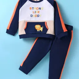 ToffyHouse 100% Cotton Knit Full RaglanSleeves T-Shirt & Joggers Set with Text & Animal Embroidery - Navy Blue-picture-21