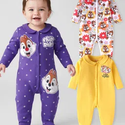 Babyhug Disney Interlock Knit Full Sleeves Footed Peter Pan Collared Night Suit with Chip & Dale Print Pack of 3 - Purple Yellow & White-picture-19