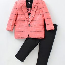 Dapper Dudes Full Sleeves Striped Blazer With Typography Printed Tee & Pant - Peach-picture-33