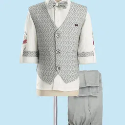 Rikidoos Full Sleeves Solid Shirt With Abstract Printed Textured Waistcoat Pant & Bow Set - White & Light Olive-picture-32