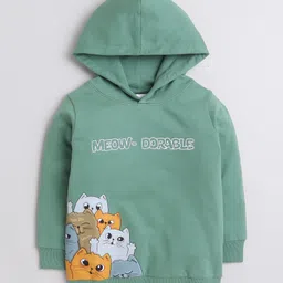 BUMZEE Looper Knit Full Sleeves Cat Printed Hooded Sweatshirt - Green-picture-12
