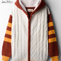 arias by lara dutta Arias Knit Full Sleeves Front Zipper Open Hooded Sweater With Cable Knit Design - White & Brown-picture-14