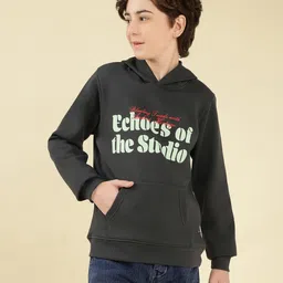 Lil Tomatoes Fleece Knit Full Sleeves Echoes Of The Studio Text Printed Hooded Winter Sweatshirt - Charcoal-picture-10