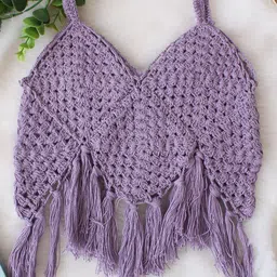 Woonie Cotton Knit Sleeveless Tassels Detailed Hand Knitted Crochet Top - Purple-image-83