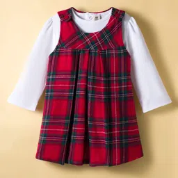 ToffyHouse Cotton Knit Full Sleeves Checkered Frock With Inner Tee & Legging - Red image 2