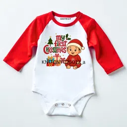 KNITROOT Cotton Knit Christmas Theme Full Raglan Sleeves My First Christmas Text Printed Onesie - Red & White image 4