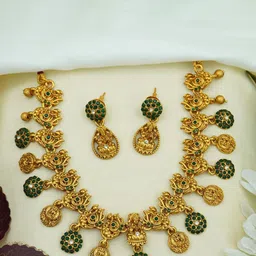 Diksha collection Brass-Plated Stone Studded & Beaded Temple Jewellery Set-picture-22