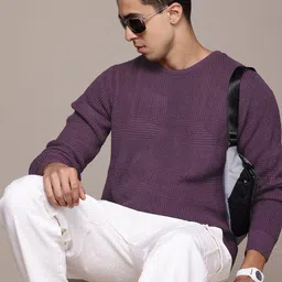 Roadster The Life Co. Drop-Shoulder Sleeves Textured Pullover-picture-17