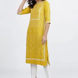 Vishudh Women Yellow Bandhani Printed Keyhole Neck Kurta image 5