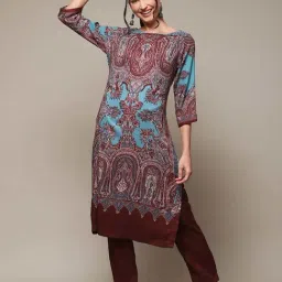 Biba Maroon & Blue Printed Straight Kurta-picture-35