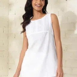 Fabindia White Cotton Embroidered Straight Short Kurti-image-4