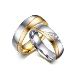 Peora Stainless Steel CZ Silver Gold Wave Wedding Band Couple Rings-image-55