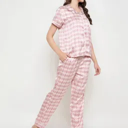 Clovia Pink Satin Printed Shirt & Pyjama Set image 4