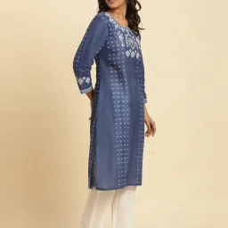 W Blue Cotton Embroidered Straight Kurta image 4