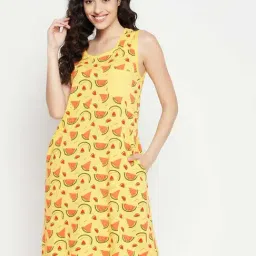 Clovia Yellow Printed Cotton Night Dress-image-25