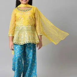 Aurelia Kids Yellow & Blue Floral Print Top, Plazzos with Dupatta-image-48