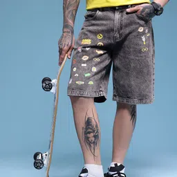 HERE&NOW Men Pure Cotton Graphic Printed Relaxed Fit Denim Shorts-picture-15