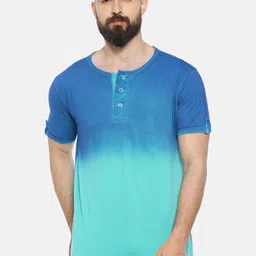 Campus Sutra Men Sea Green & Blue Colourblocked Henley Neck T-shirt-image-85