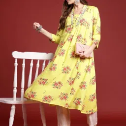 Indo Era Yellow Floral Print A Line Kurta image 4